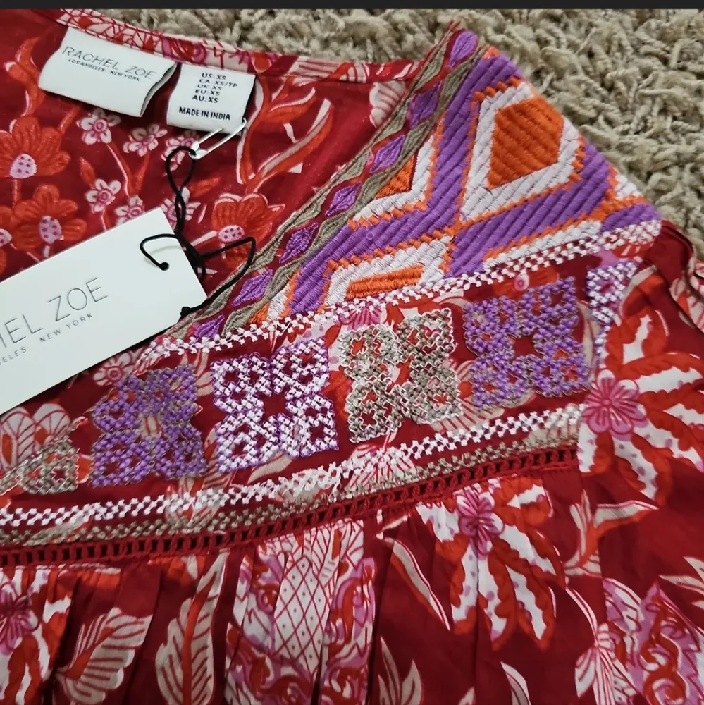 NWT Rachel Zoe Boho Red Floral Embroidered Peasant Blouse Top XS Oversized Flowy